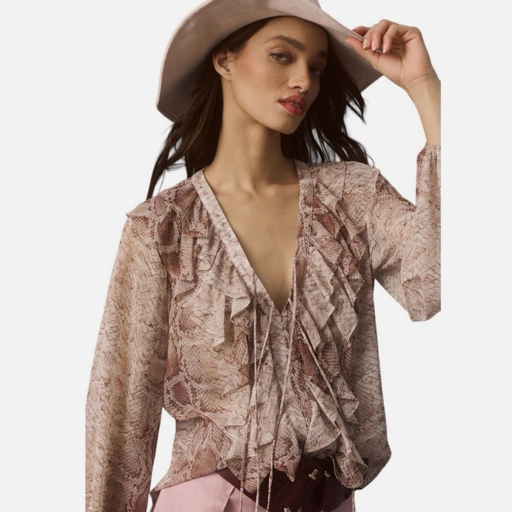 Anthropologie Snake Print Ruffled V Neck Long Sleeve Top Blouse Small Sheer NWT